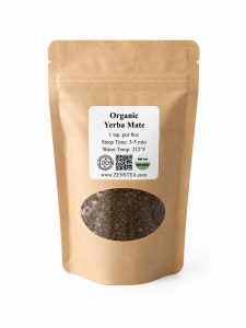 Kraft paper pouch of Organic Yerba Mate with a white label and a clear window showing loose tea leaves inside